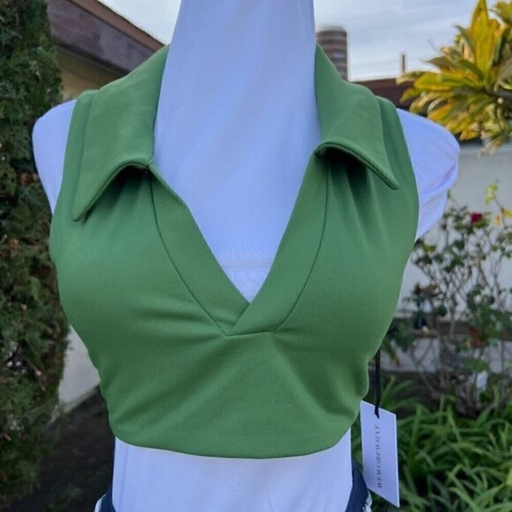 WeWoreWhat Revolve Womens Athletic Polo Bra Top MEDIUM In Court Green